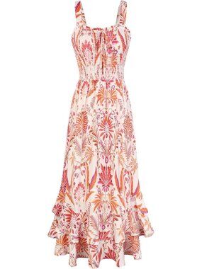Women's Maxi Dress Beige Floral Square Neck Sleeveless A LINE Summer Comfort